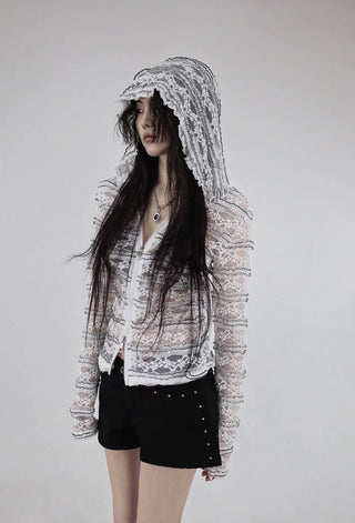 Hippie See-Through Lace Two-Way Zip-Up Hooded Cardigan