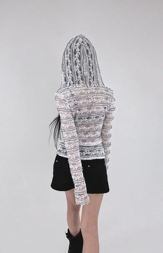 Hippie See-Through Lace Two-Way Zip-Up Hooded Cardigan