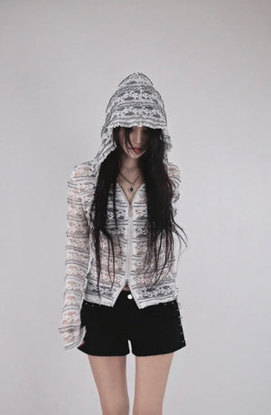 Hippie See-Through Lace Two-Way Zip-Up Hooded Cardigan