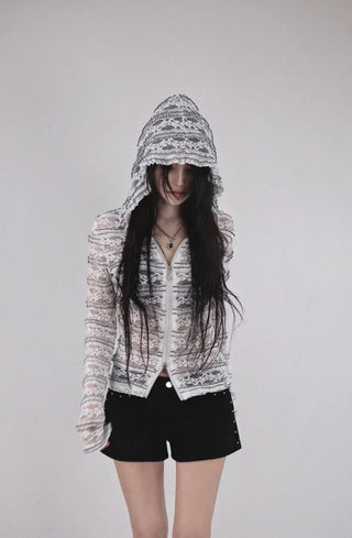 Hippie See-Through Lace Two-Way Zip-Up Hooded Cardigan