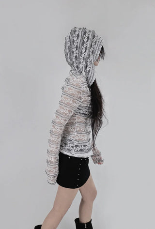Hippie See-Through Lace Two-Way Zip-Up Hooded Cardigan