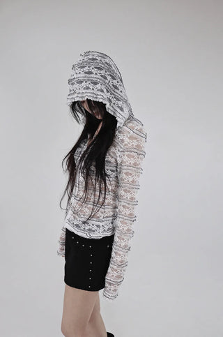 Hippie See-Through Lace Two-Way Zip-Up Hooded Cardigan