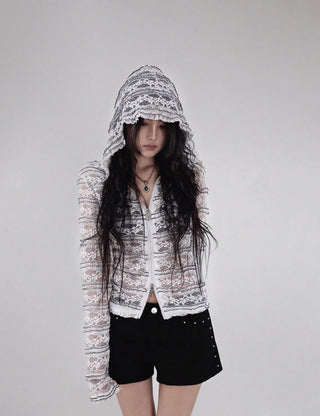 Hippie See-Through Lace Two-Way Zip-Up Hooded Cardigan