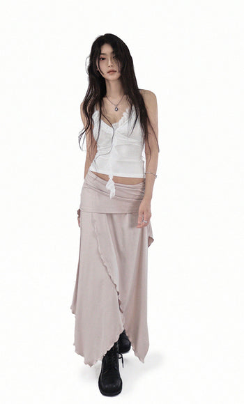 FREE JERSEY FLARE UNBALANCED LONG WRAP SKIRT