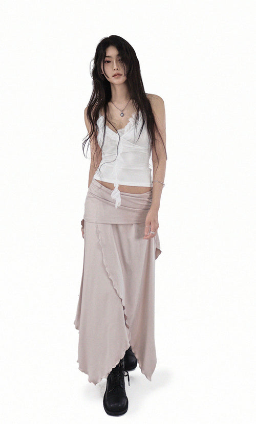 FREE JERSEY FLARE UNBALANCED LONG WRAP SKIRT
