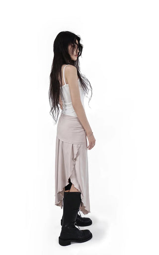 FREE JERSEY FLARE UNBALANCED LONG WRAP SKIRT
