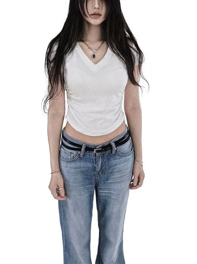 BURBY V-NECK ROUNDIE SHORT-SLEEVED CROPPED T-SHIRT