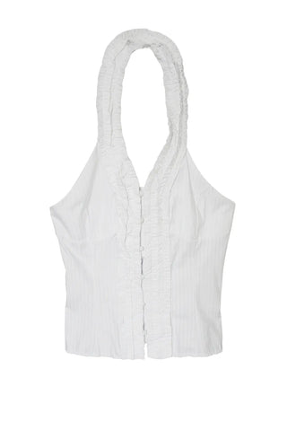 THE HEN HALTER-NECK FRILL BACKLESS SMOKE BLOUSE TOP