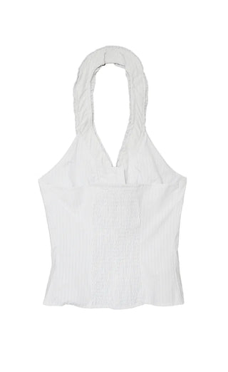 THE HEN HALTER-NECK FRILL BACKLESS SMOKE BLOUSE TOP