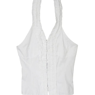 THE HEN HALTER-NECK FRILL BACKLESS SMOKE BLOUSE TOP