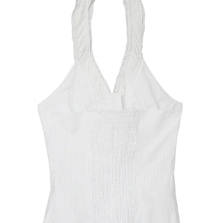 THE HEN HALTER-NECK FRILL BACKLESS SMOKE BLOUSE TOP