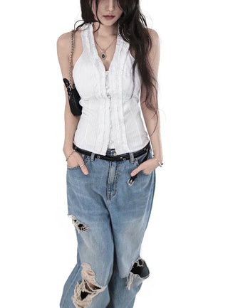 THE HEN HALTER-NECK FRILL BACKLESS SMOKE BLOUSE TOP