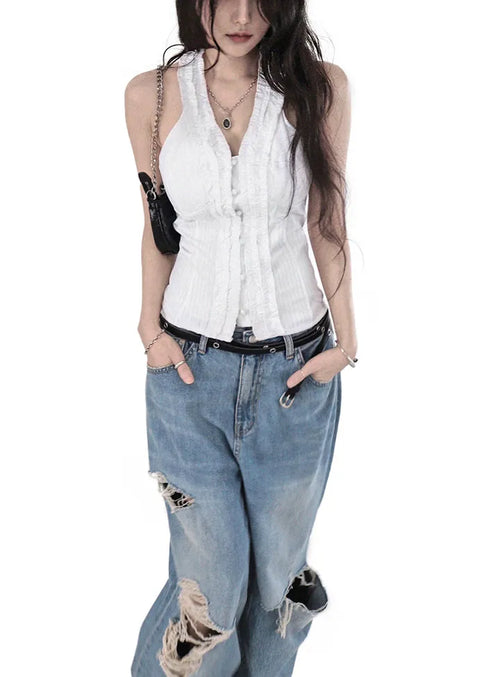 THE HEN HALTER-NECK FRILL BACKLESS SMOKE BLOUSE TOP