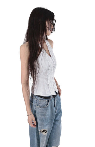 THE HEN HALTER-NECK FRILL BACKLESS SMOKE BLOUSE TOP