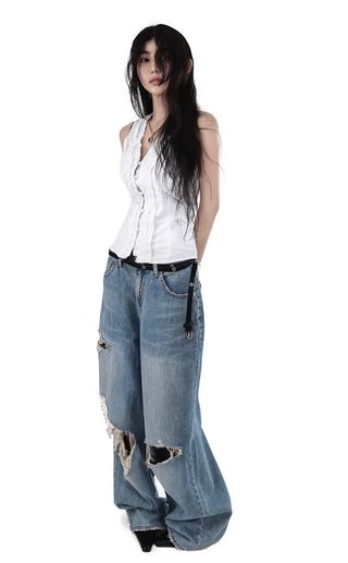 THE HEN HALTER-NECK FRILL BACKLESS SMOKE BLOUSE TOP