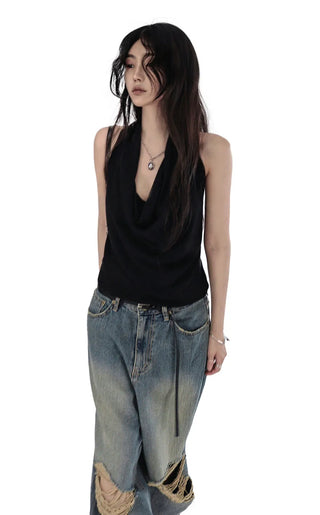 Come Back Twisted Drape Backless Loose-Neck Knit Top