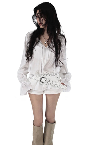 DANT WESTERN V-NECK TIE HALF BLOUSE