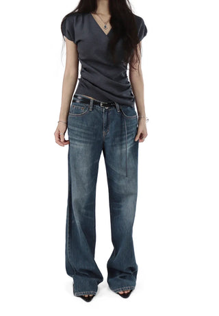 Teen Low-Rise Blue Jeans Vintage Washing Semi-Denim Pants