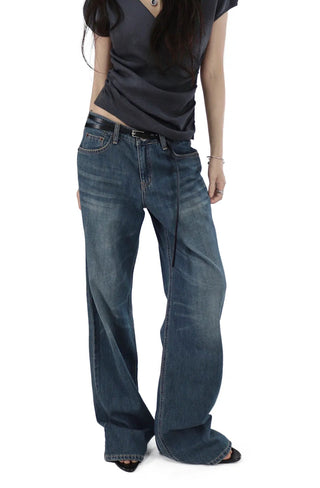 Teen Low-Rise Blue Jeans Vintage Washing Semi-Denim Pants