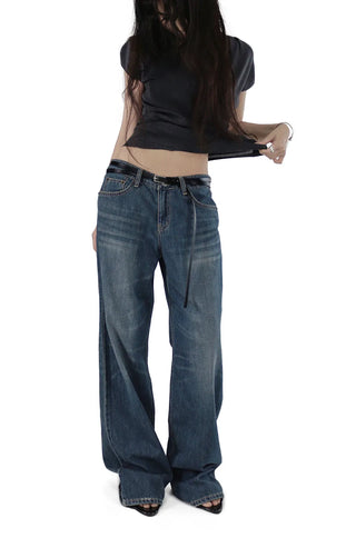 Teen Low-Rise Blue Jeans Vintage Washing Semi-Denim Pants