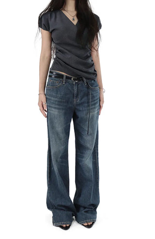 Teen Low-Rise Blue Jeans Vintage Washing Semi-Denim Pants