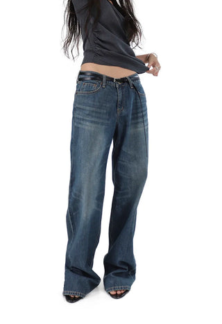 Teen Low-Rise Blue Jeans Vintage Washing Semi-Denim Pants