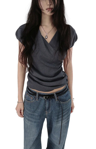 TOP MOOD V-NECK DRAPE SHORT-SLEEVED WRAP KNIT