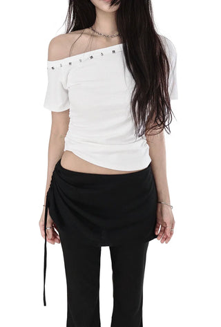 OH STUDDED UNBAL OFF-SHOULDER SHORT SLEEVE TEE