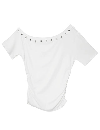 OH STUDDED UNBAL OFF-SHOULDER SHORT SLEEVE TEE