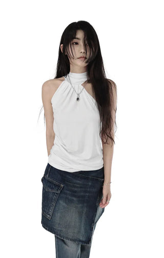 Halter Unbalanced Neck Tie Sateen Half Blouse