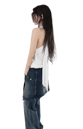 Halter Unbalanced Neck Tie Sateen Half Blouse