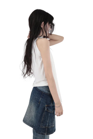 Halter Unbalanced Neck Tie Sateen Half Blouse