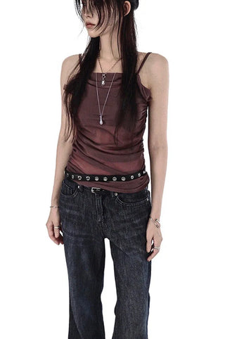 SAIN MESH DRAPE NECK UNBALHALF SLEEVELESS TOP