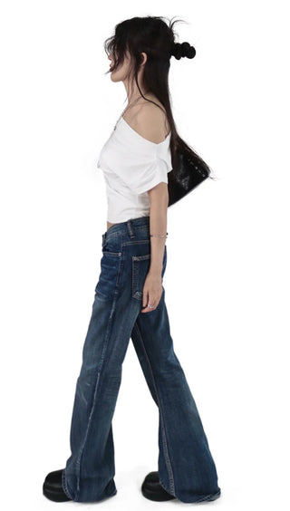 EFFECT WASHING DARK DENIM BLUE BOOTCUT DENIM PANTS