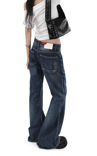 EFFECT WASHING DARK DENIM BLUE BOOTCUT DENIM PANTS