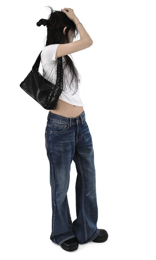 EFFECT WASHING DARK DENIM BLUE BOOTCUT DENIM PANTS