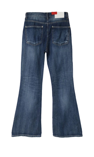 EFFECT WASHING DARK DENIM BLUE BOOTCUT DENIM PANTS