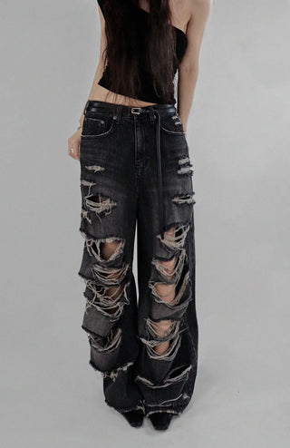CASEL DAMAGE DESTROYED WIDE BLACK DENIM JEANS