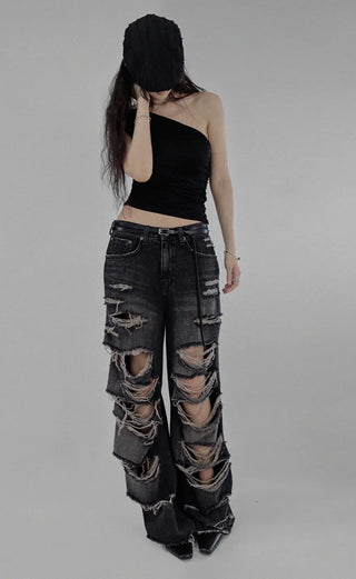 CASEL DAMAGE DESTROYED WIDE BLACK DENIM JEANS