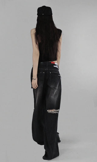 CASEL DAMAGE DESTROYED WIDE BLACK DENIM JEANS