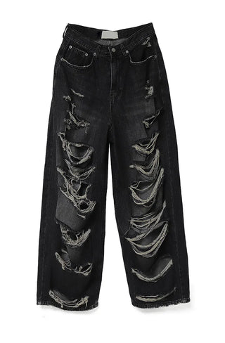 CASEL DAMAGE DESTROYED WIDE BLACK DENIM JEANS