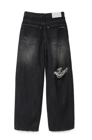 CASEL DAMAGE DESTROYED WIDE BLACK DENIM JEANS