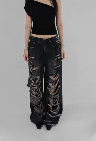 CASEL DAMAGE DESTROYED WIDE BLACK DENIM JEANS
