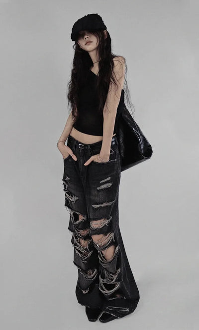 CASEL DAMAGE DESTROYED WIDE BLACK DENIM JEANS