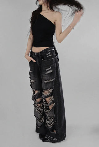 CASEL DAMAGE DESTROYED WIDE BLACK DENIM JEANS