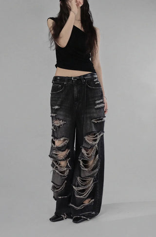 CASEL DAMAGE DESTROYED WIDE BLACK DENIM JEANS