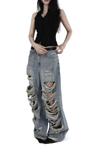 CASEL DAMAGE DESTROYED WIDE LIGHT BLUE DENIM JEANS