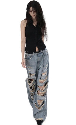 CASEL DAMAGE DESTROYED WIDE LIGHT BLUE DENIM JEANS