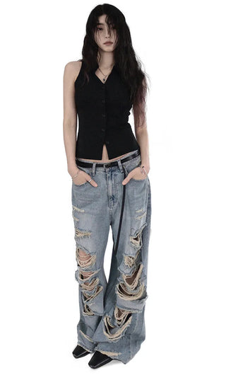 CASEL DAMAGE DESTROYED WIDE LIGHT BLUE DENIM JEANS