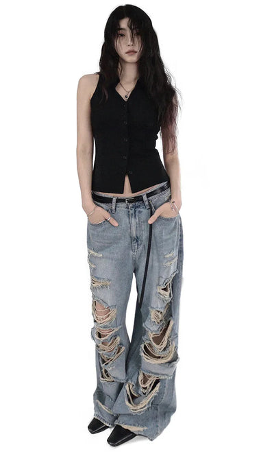 CASEL DAMAGE DESTROYED WIDE LIGHT BLUE DENIM JEANS